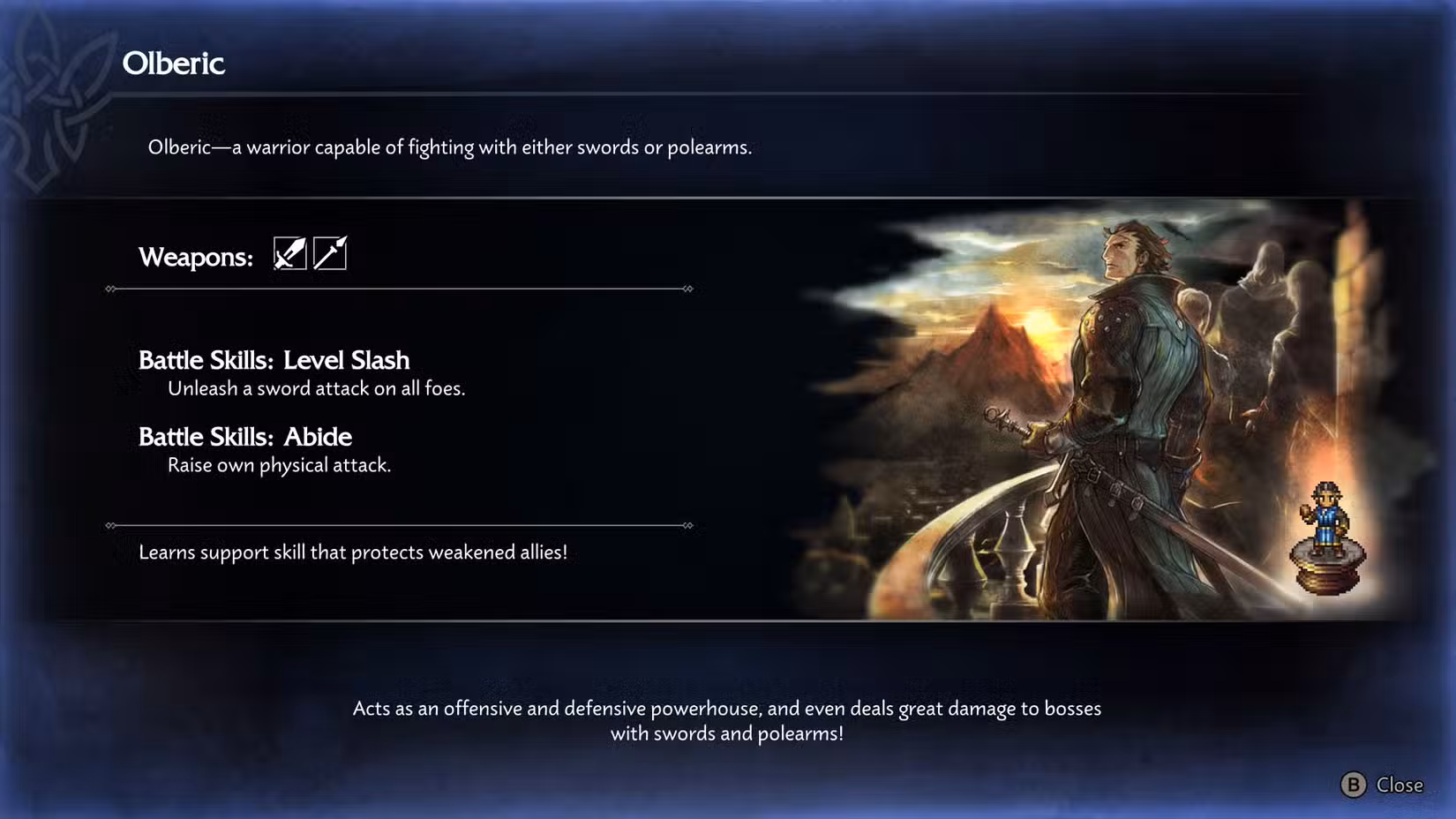 Uma captura de tela do Octopath Traveler 0 mostrando o kit de Olberic