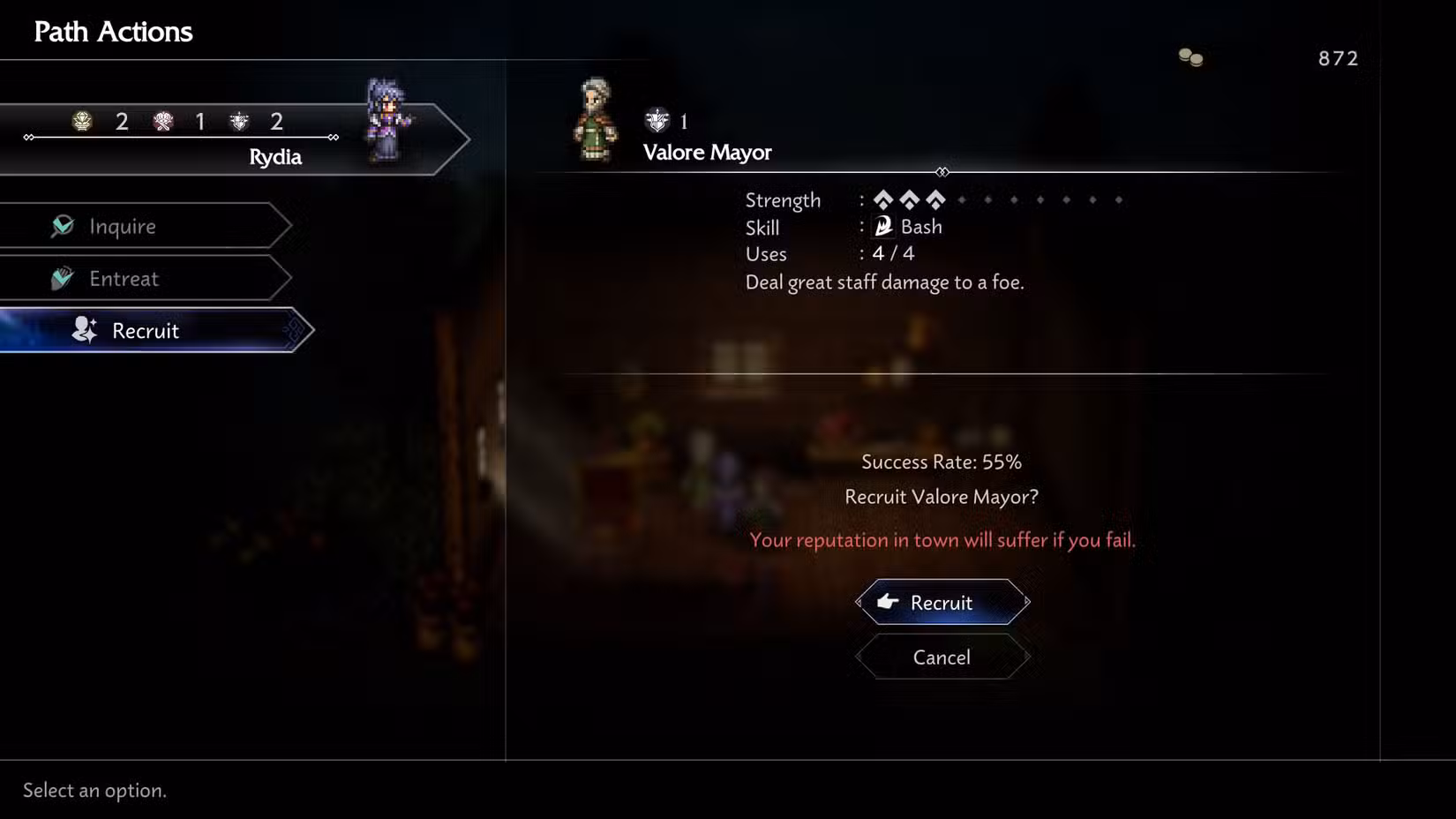 Uma captura de tela do Octopath Traveler 0 mostrando o menu ao interagir com Valore Mayor e o que deve ser feito para recrutá-lo