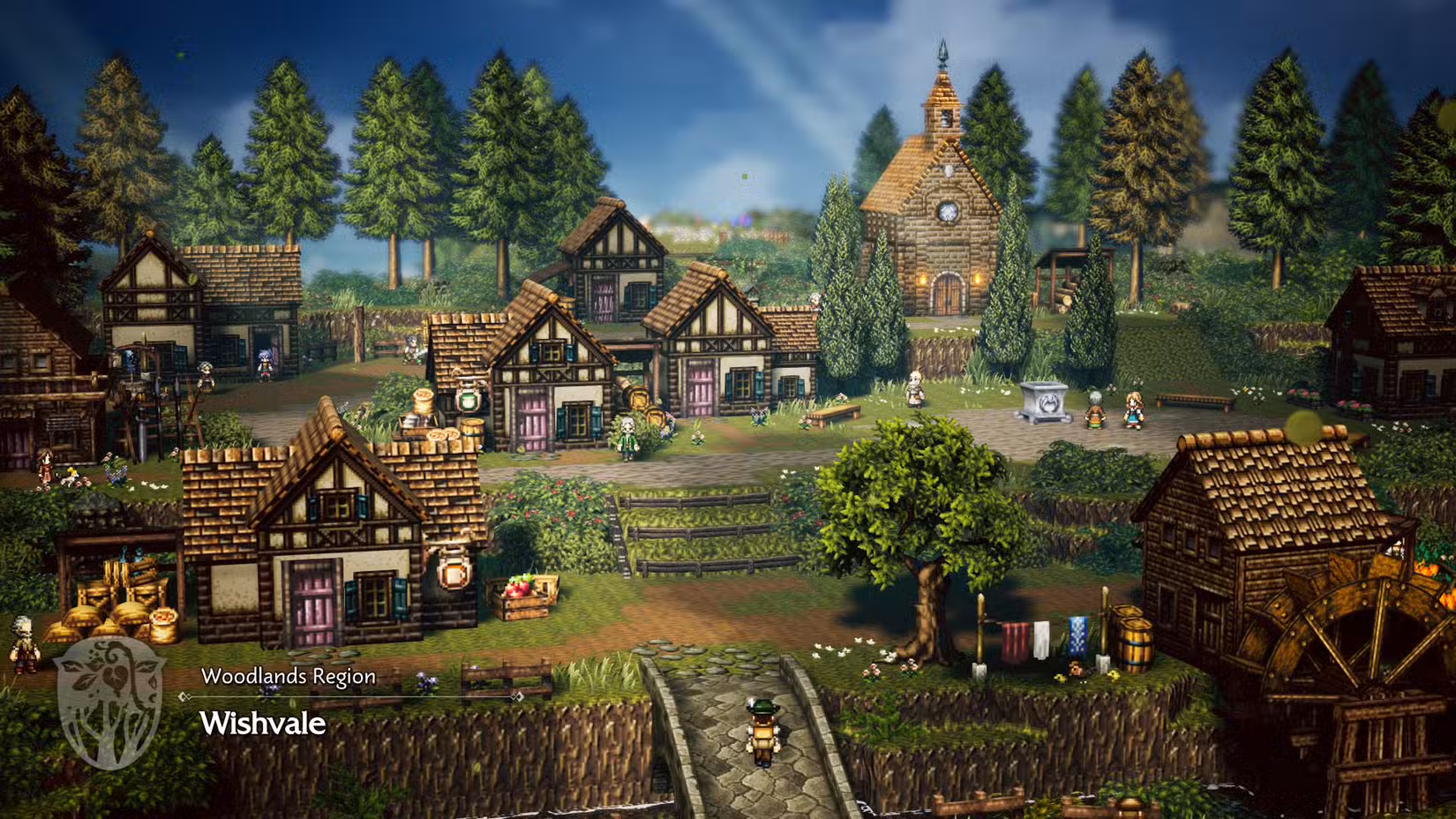 Uma captura de tela do Octopath Traveler 0 mostrando a cidade de Wishvale
