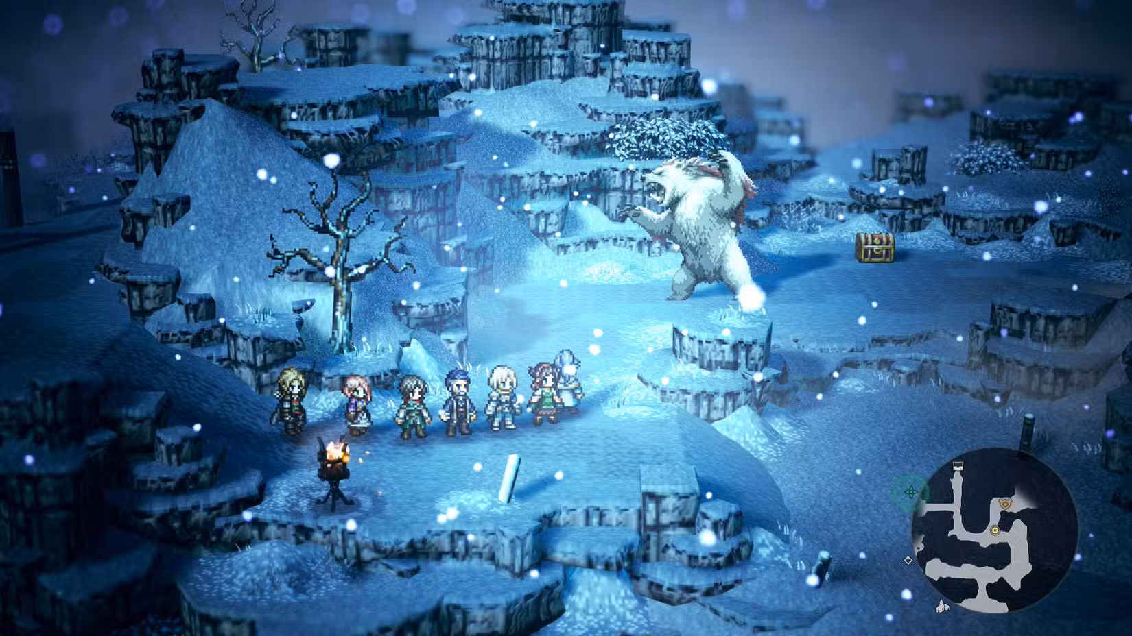 Uma captura de tela do Octopath Traveler 0 mostrando um urso branco na frente de um baú em uma área coberta de neve
