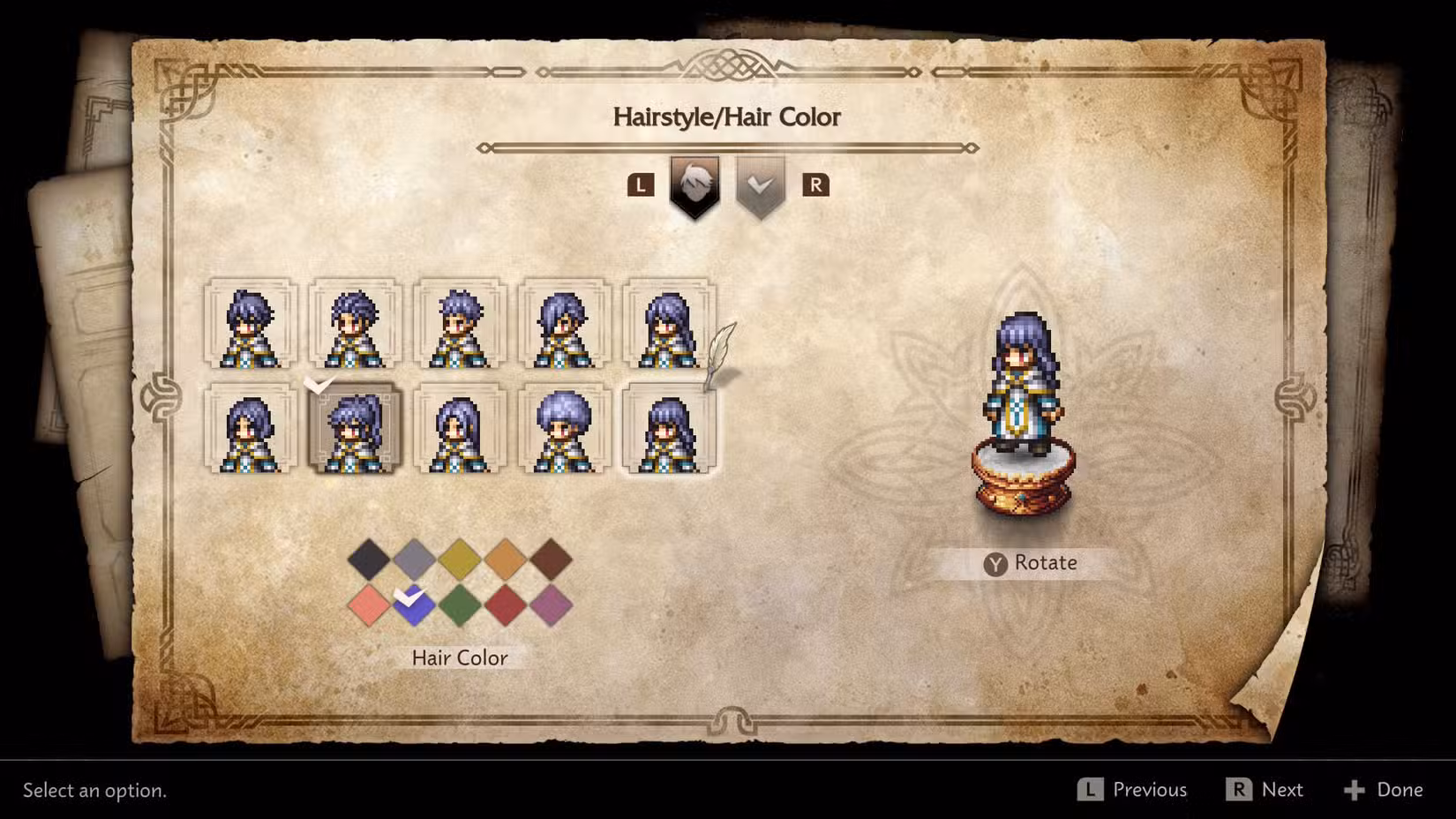 Uma captura de tela do Octopath Traveler 0 mostrando o menu do salão onde você pode alterar a aparência do seu personagem. 