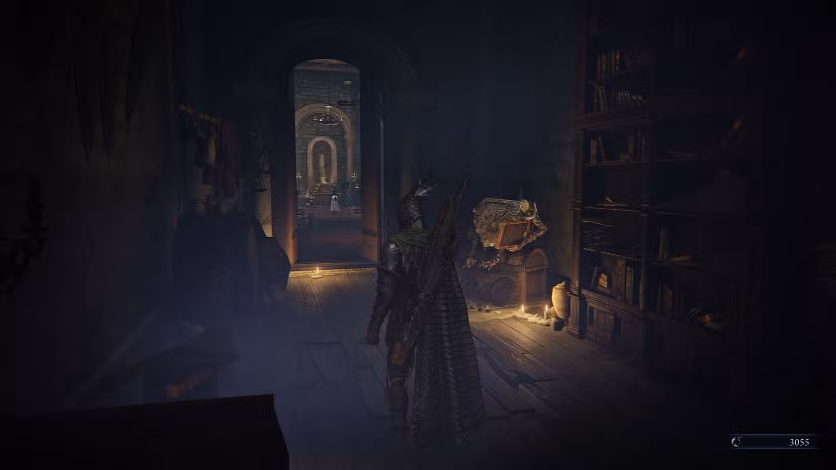 Uma captura de tela de Elden Ring Nighreign mostrando o Small Jar Bazaar e a porta que leva a uma sala onde o Undertaker e o Scholar estão localizados.