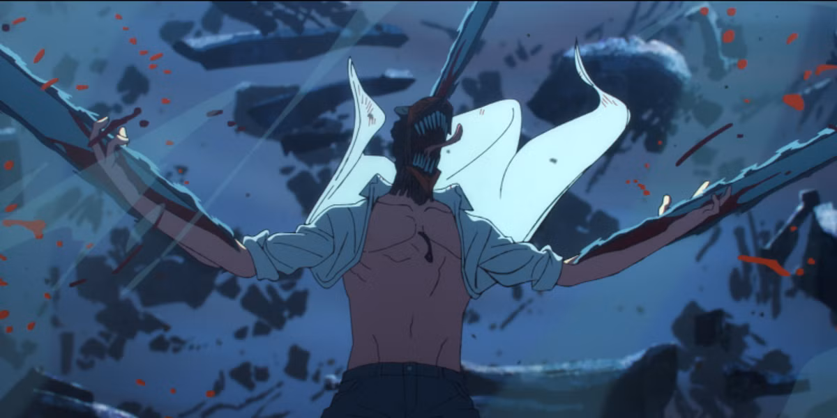 Uma foto do trailer de Chainsaw Man the Movie Reze Arc, mostrando Chainsaw Man cortando em um vórtice de destruição