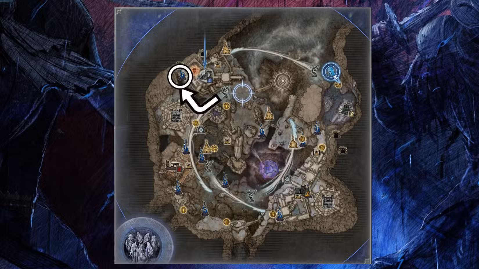 Uma montagem mostrando a localização do Spiritstream que os jogadores devem usar para encontrar o Scholar em Elden Ring Nightreign