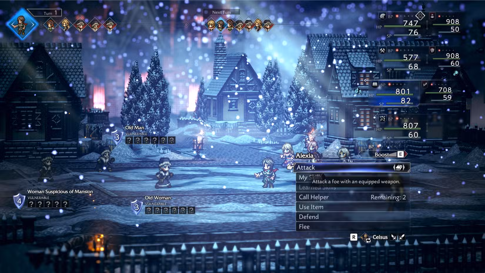 Uma equipe de jogadores luta contra um grupo de idosos em Octopath Traveller 0.