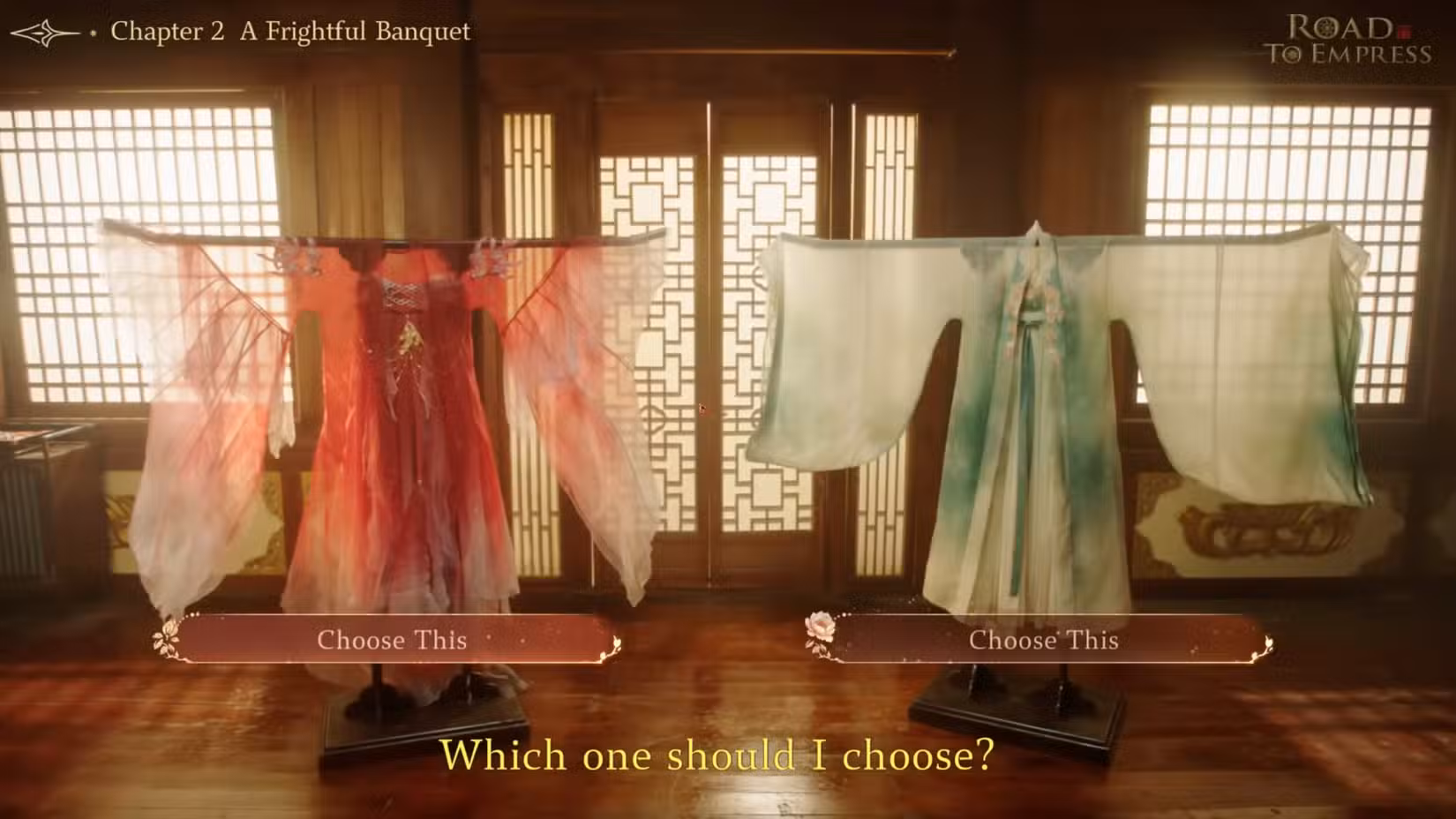 O jogador se depara com a escolha entre usar um vestido vermelho ou um vestido verde.