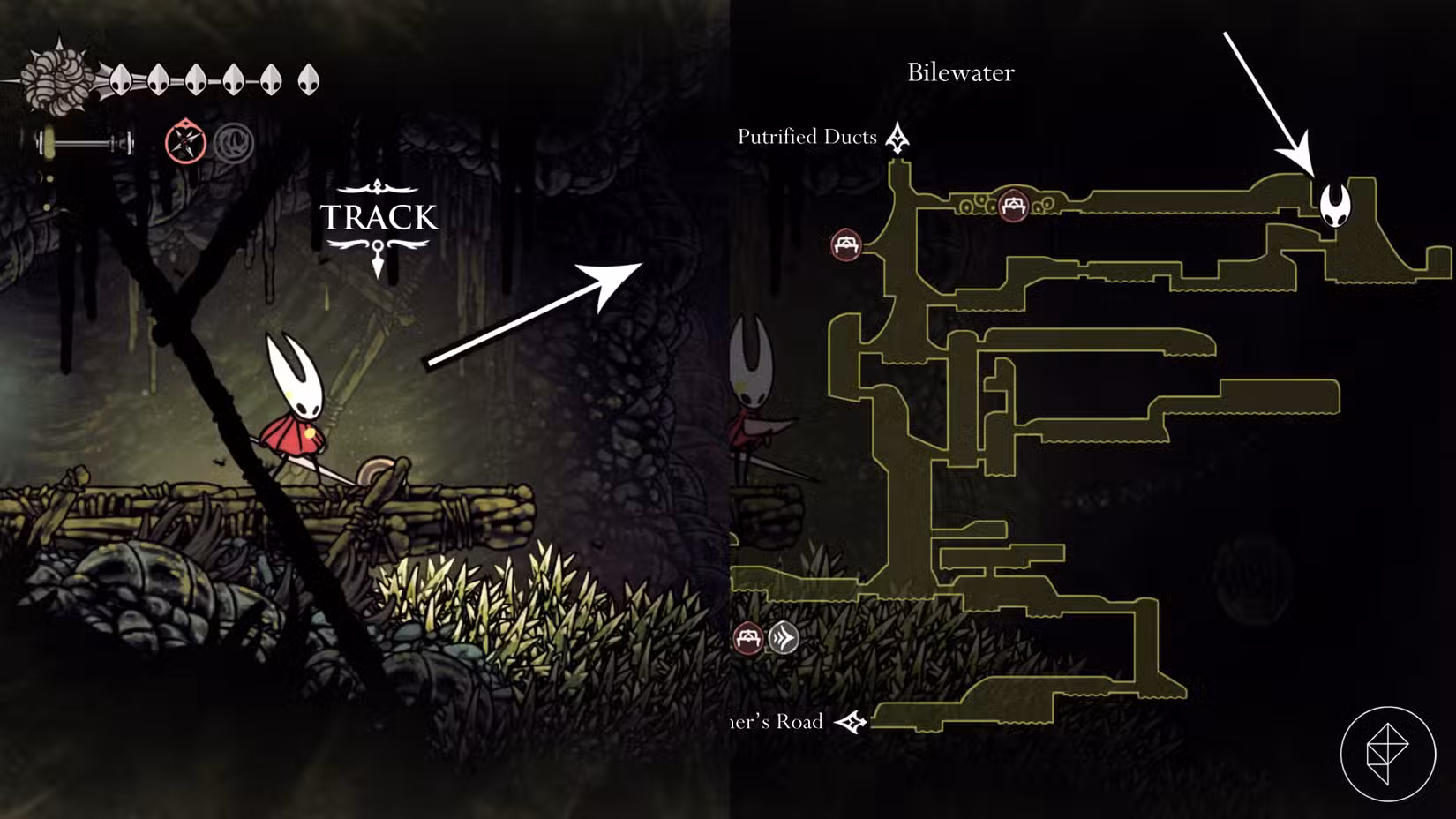 O caminho para a localização de Shakra na missão Trail's End em Hollow Knight: Silksong.