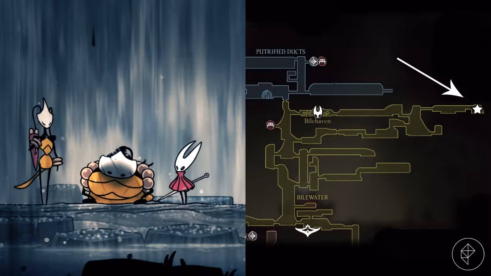 A localização de Shakra na missão Trail's End em Hollow Knight: Silksong.