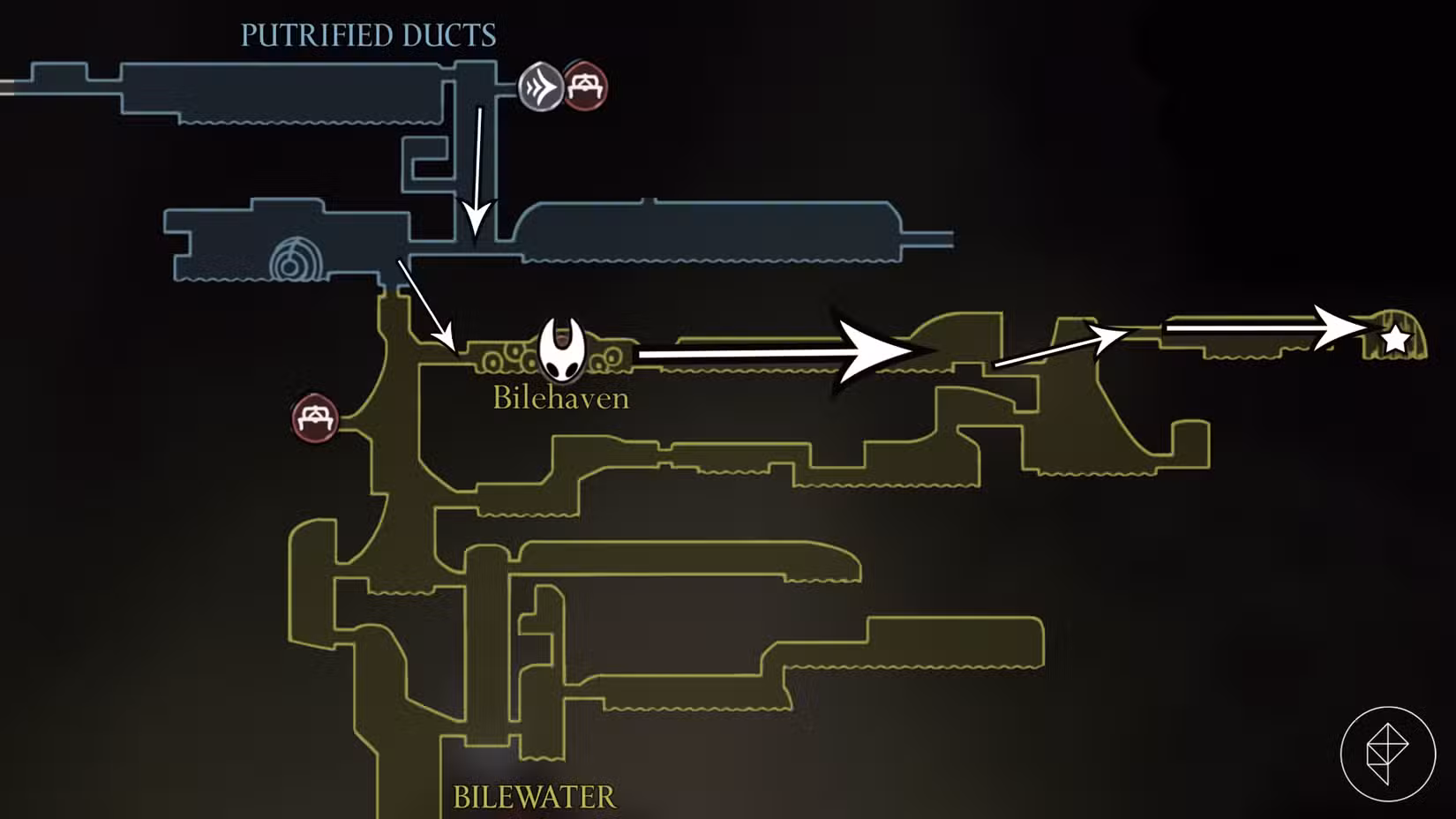 O caminho para a localização de Shakra na missão Trail's End em Hollow Knight: Silksong.