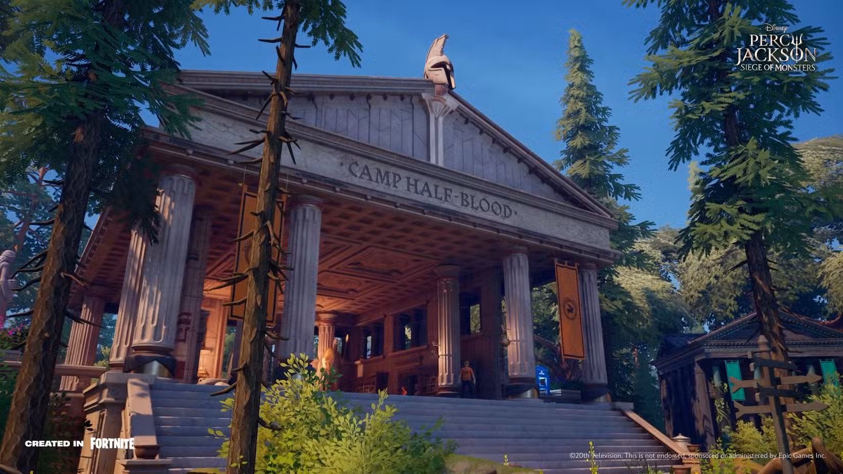Acampamento Meio-Sangue em Percy Jackson: Cerco de Monstros de Fortnite