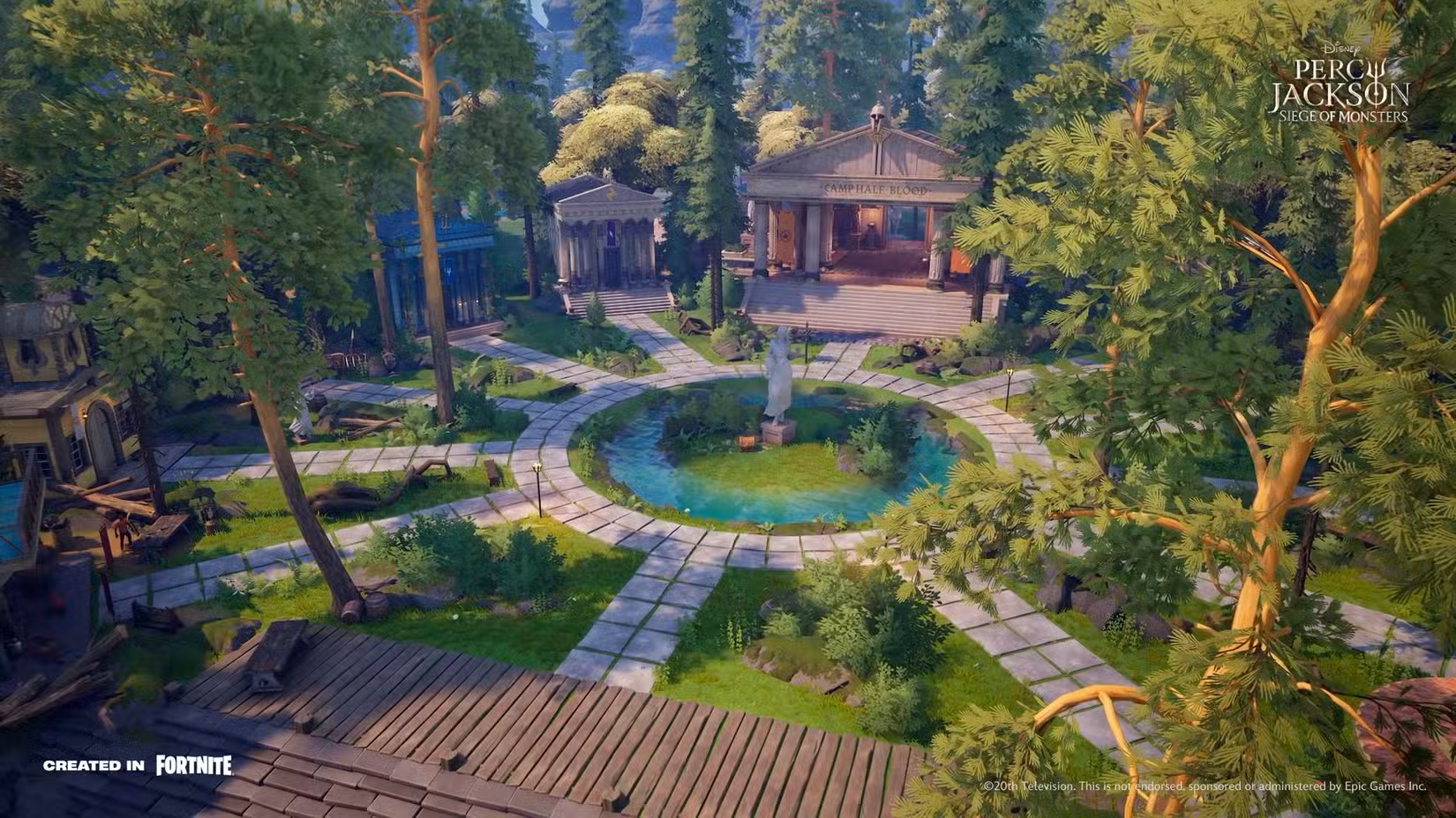 Acampamento Meio-Sangue em Percy Jackson: Cerco de Monstros de Fortnite