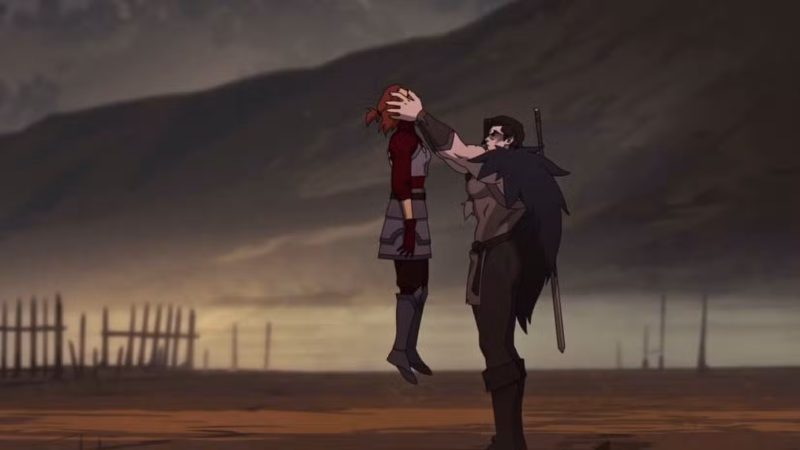 Uma captura de tela de The Mighty Nein. Ele retrata Yasha, uma mulher bárbara musculosa segurando uma mulher pelos olhos.