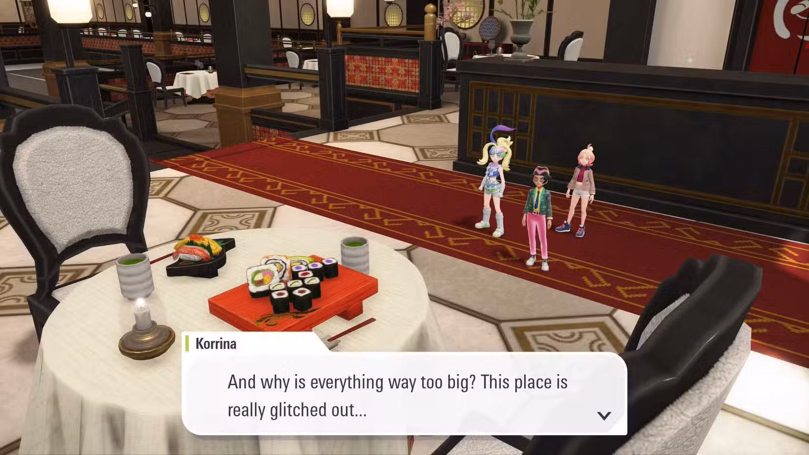 Um restaurante de sushi gigante no DLC Pokémon Legends ZA Mega Dimension.
