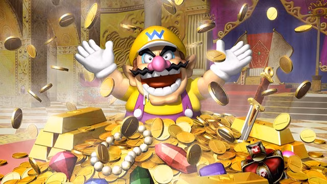 Wario desfruta de uma grande pilha de tesouros na arte oficial da caixa de Wario World
