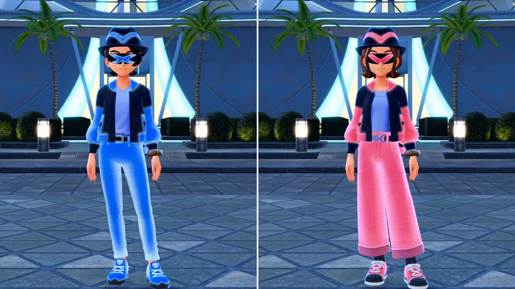 Treinadores masculinos e femininos usando o hologear X e Y em Pokémon Legends: ZA