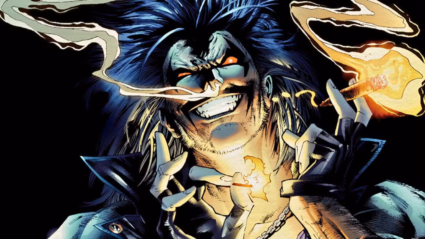 Imagem de Lobo soprando fumaça pelas narinas e fumando um charuto.