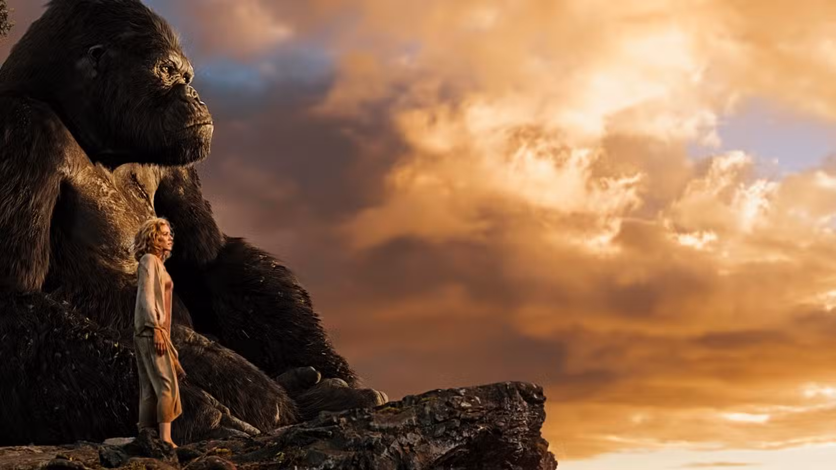 Uma imagem do filme de 2005 de Peter Jackson, King Kong. Mostra a personagem de Naomi Watt e Kong olhando para o pôr do sol.