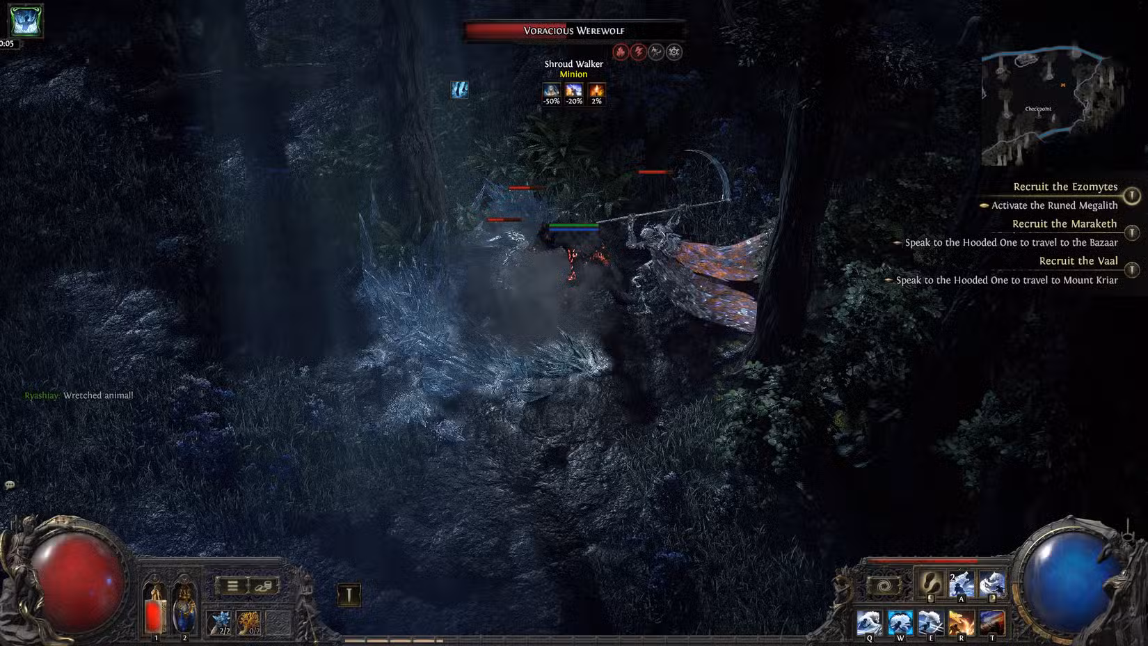 Uma captura de tela do Path of Exile 2 mostrando inimigos congelados