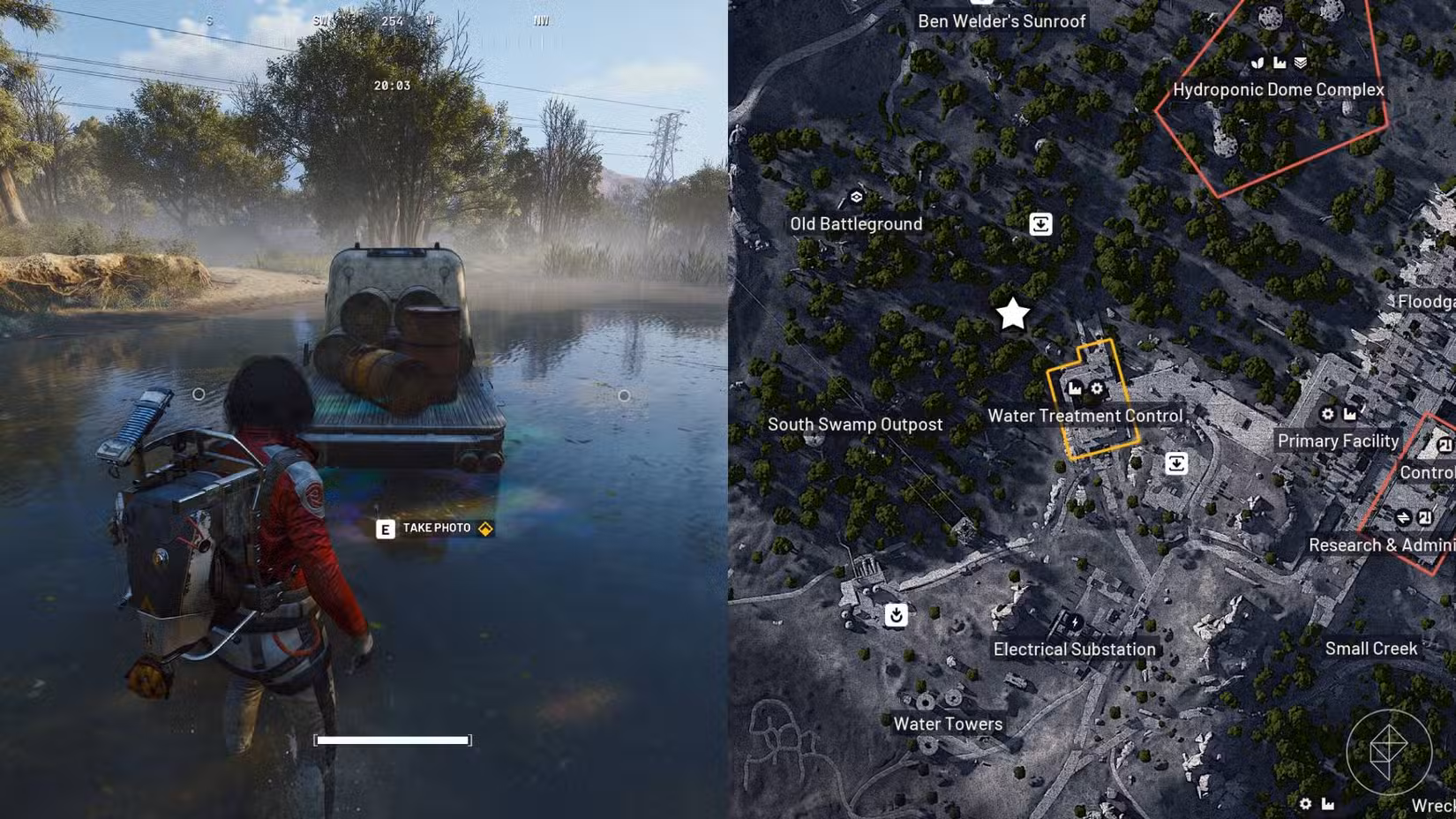 A metade esquerda da imagem mostra o jogador parado ao lado do caminhão para o segundo objetivo em A Toxic Trail, enquanto a metade direita da imagem mostra o local marcado no mapa Dam Battlegrounds em Arc Raiders.
