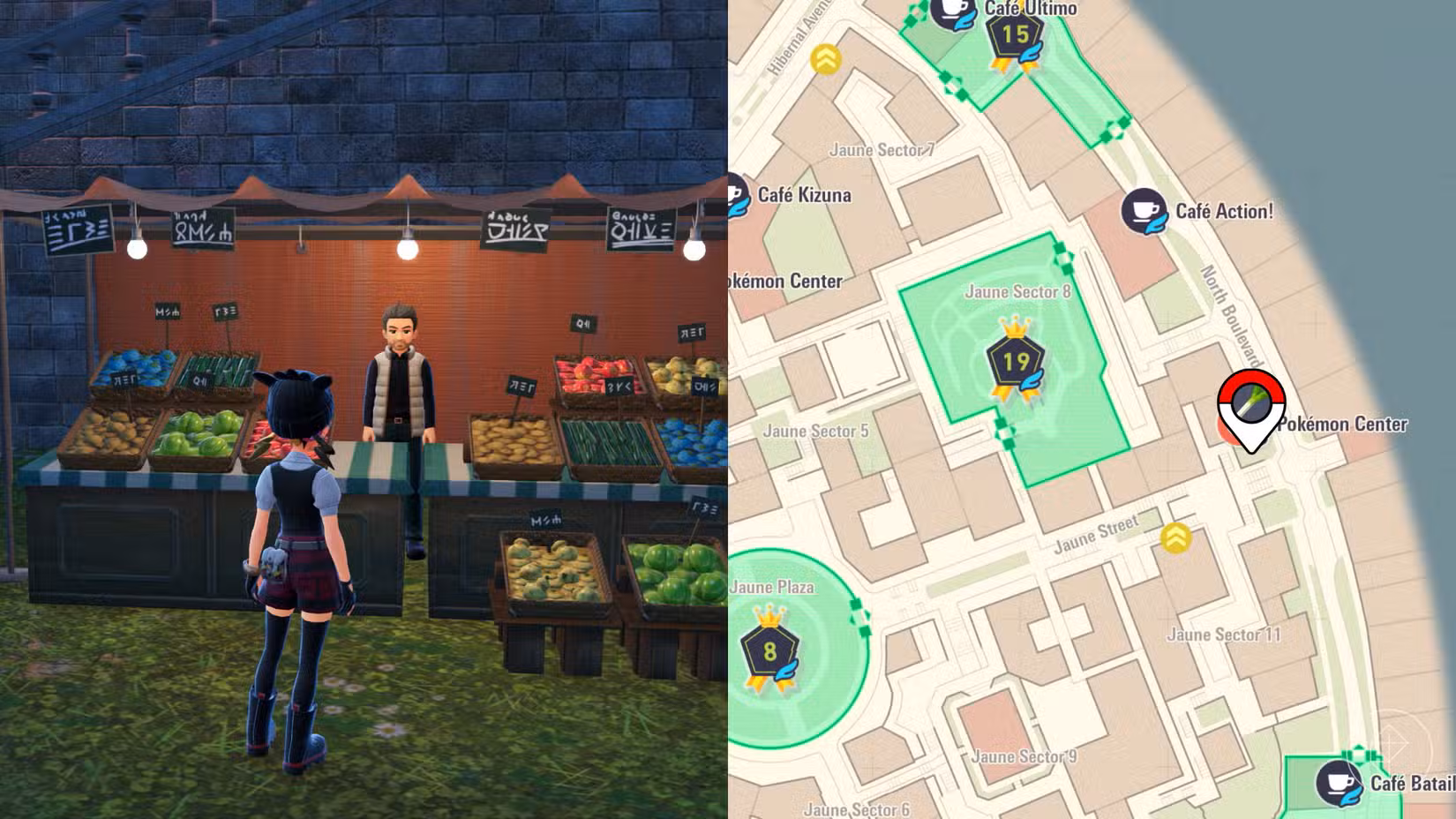 Um mapa do jogo mostrando onde encontrar alho-poró em Pokémon Legends: ZA