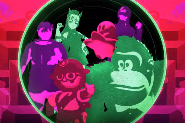 Donkey Kong, Kirby e mais personagens dos melhores jogos de 2025 contra um fundo gradiente rosa