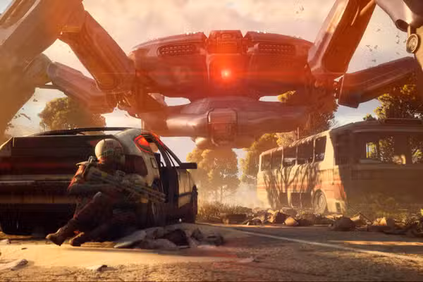 Um invasor em Arc Raiders se escondendo da Matriarca, escondendo-se atrás de um carro em ruínas.