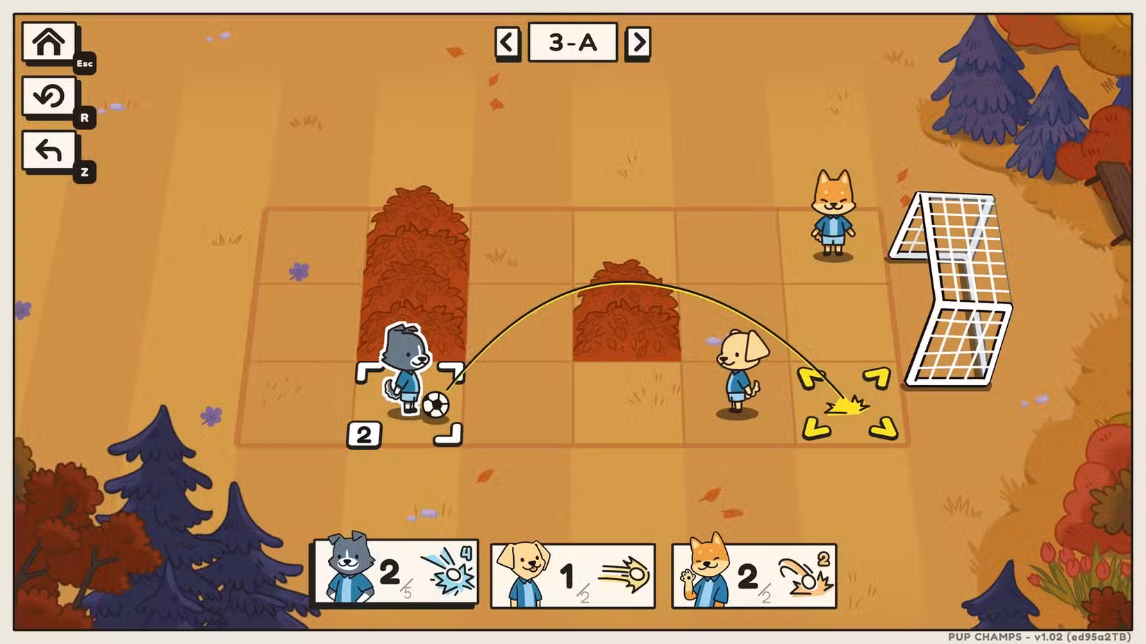 Cachorros jogam futebol em uma grade em Pup Champs.