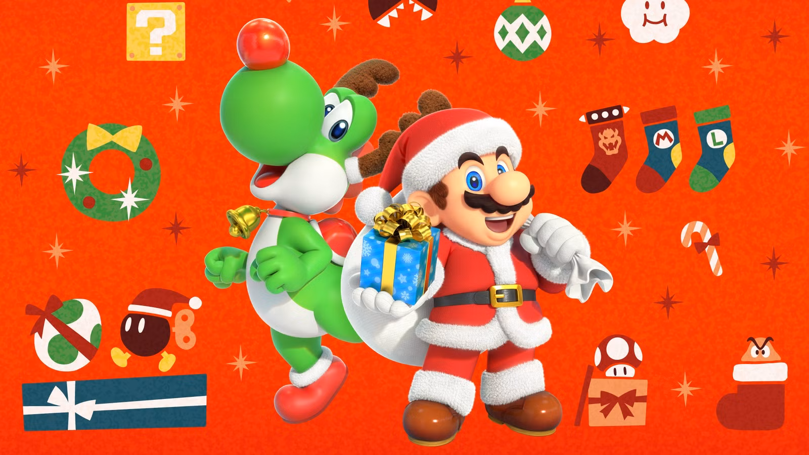 Arte de Mario fantasiado de Papai Noel e Yoshi usando acessórios Rudolph