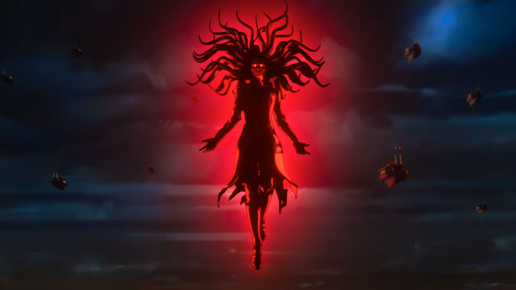 Zombie Wanda Maximoff flutua cercada por luz vermelha em Marvel Zombies