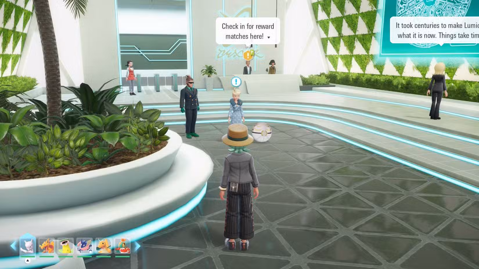 Vinnie, Jett e um Pokémon misterioso no lobby do Quasartico em Pokémon Legends ZA