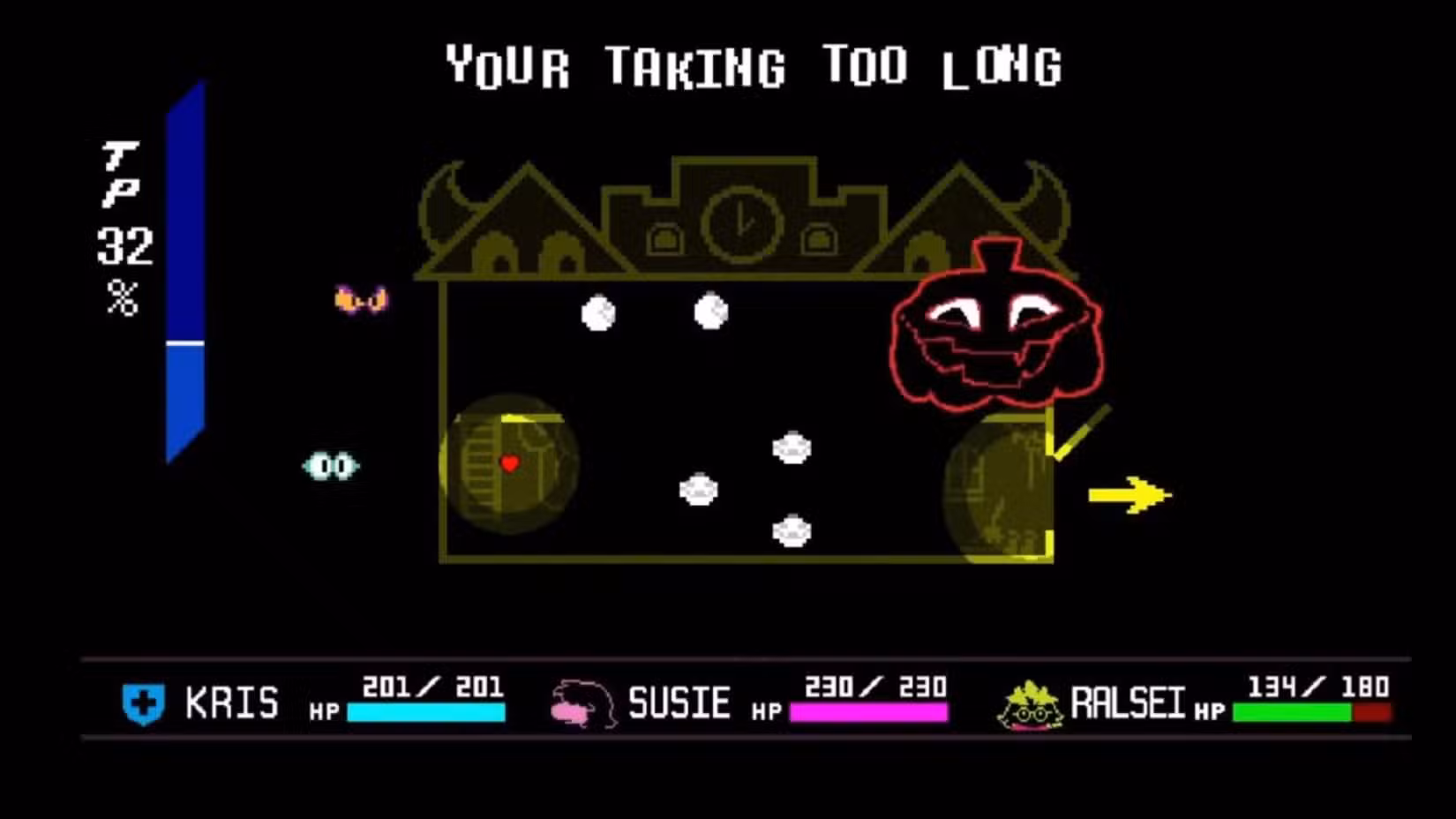 A luta contra o chefe Jackenstein, como visto em Deltarune Capítulo 4. Jackenstein é uma abóbora que instiga o jogador com provocações intencionalmente escritas com erros ortográficos como "SEU [sic] DEMORANDO MUITO."