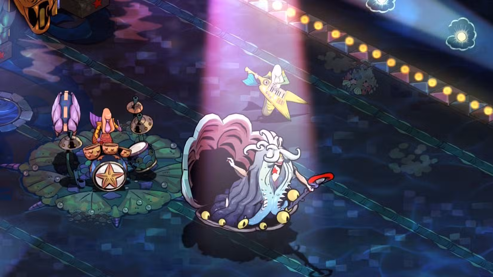 Scylla canta em um microfone no palco com a luta contra o chefe das sereias no jogo Hades 2 de 2025.