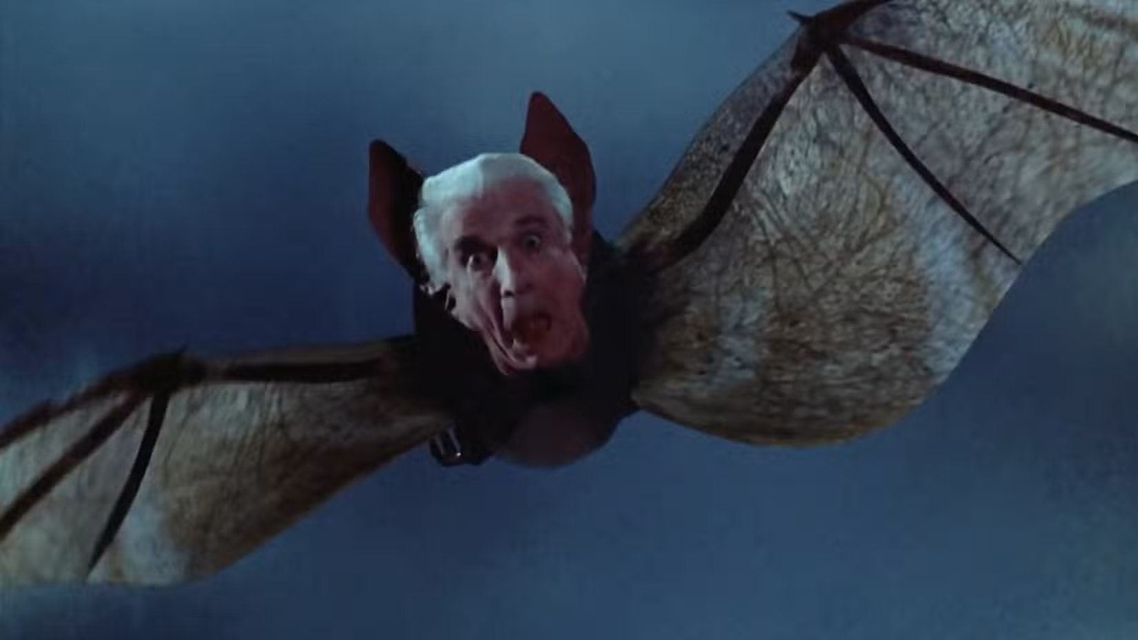 O rosto de Leslie Nielsen em um morcego voador parecendo assustado