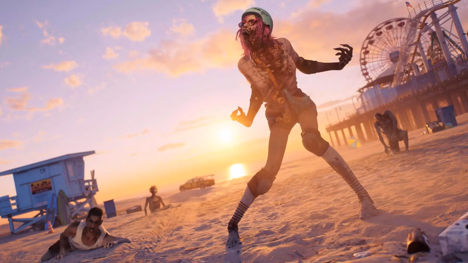 A arte de Dead Island 2 mostra uma patinadora zumbi parada na praia.