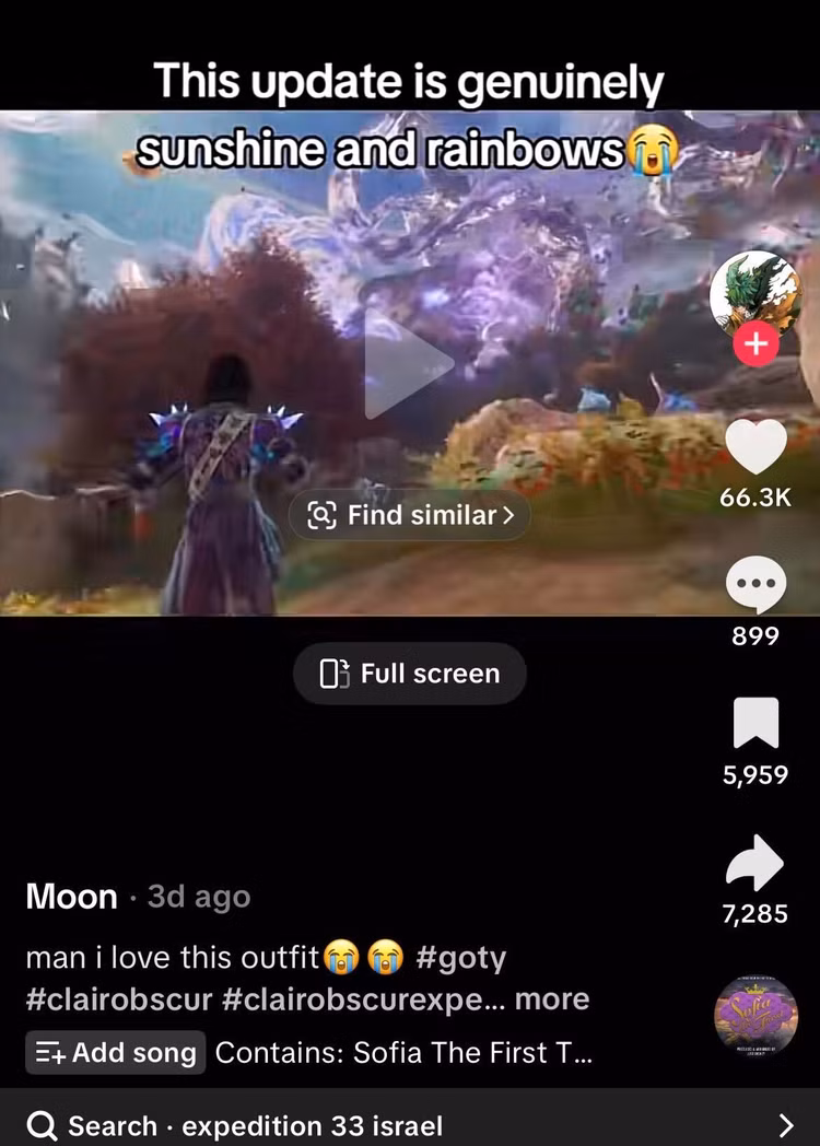 Uma captura de tela de um vídeo aleatório do TikTok com a jogabilidade de Clair Obscur, onde a plataforma gerou automaticamente os termos relacionados 'expedição 33 israel'