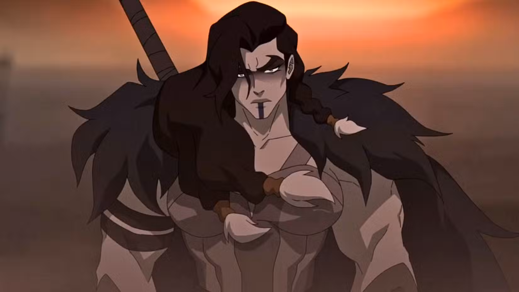 Uma imagem de uma mulher musculosa de The Mighty Nein conhecida como Yasha. Ela usa uma capa de pele e tem pintura facial sob o lábio.