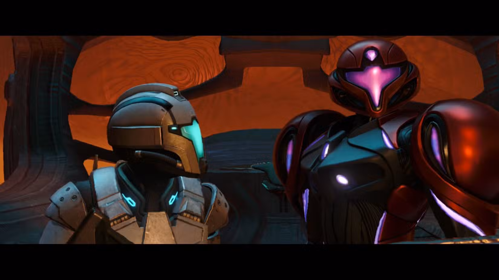 Nora Armstrong olha para Samus em Metroid prime 4: Beyond.