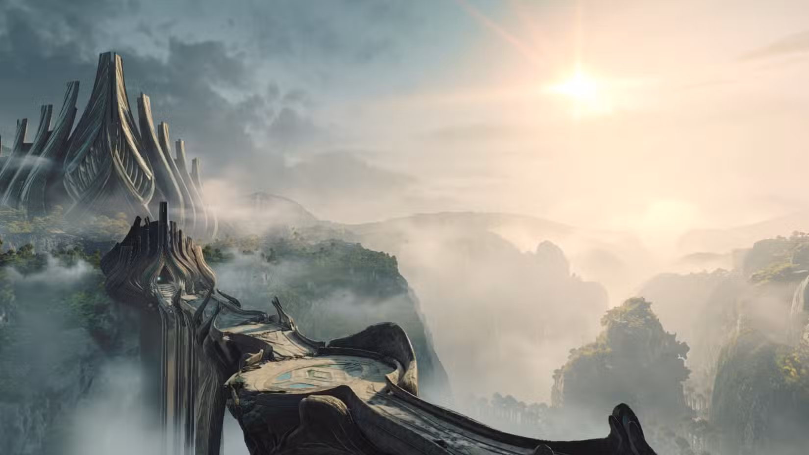 Nuvens giram em torno de uma ponte em Fury Green em Metroid Prime 4