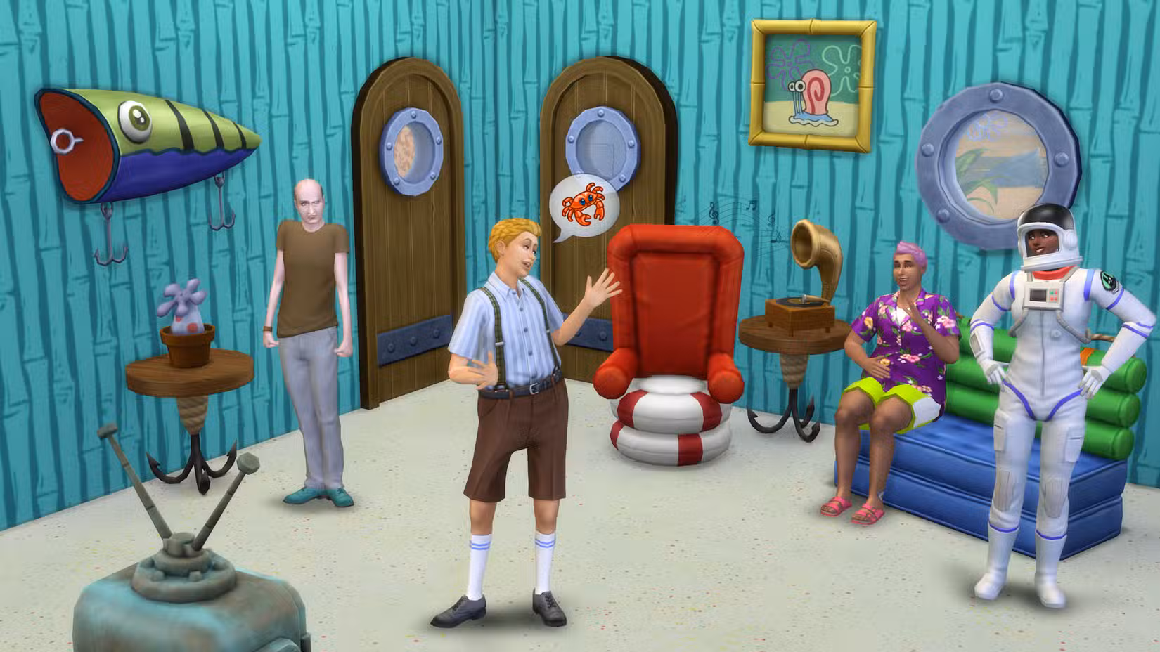 A sala de estar do Bob Esponja refeita no The Sims, com outros Sims vestidos como Lula Molusco, Bob Esponja, Patrick e Sandy.