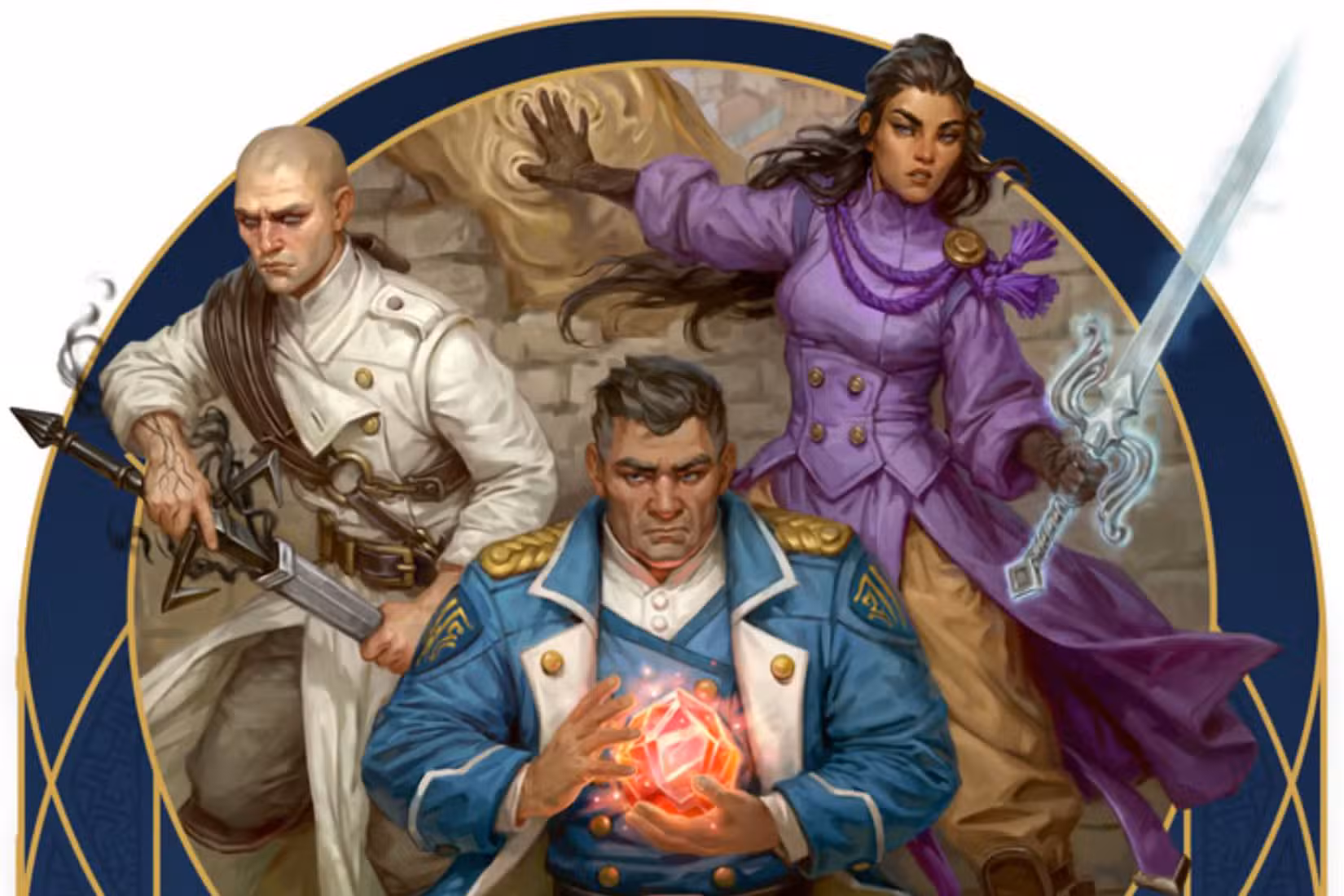 Personagens de Cosmere, incluindo um homem de jaqueta branca, careca e uma espada, uma mulher com uma arma brilhante e um vestido roxo, e um homem com uma jaqueta militar que parece estar segurando um d20 gigante. 