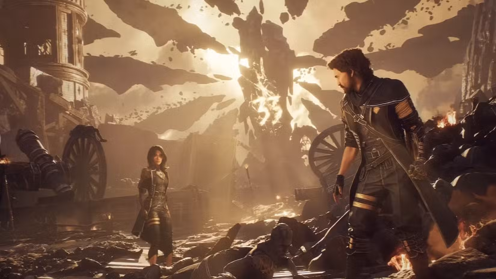 Expedição Clair Obscur 33 Lune e Gustave em frente ao monólito.