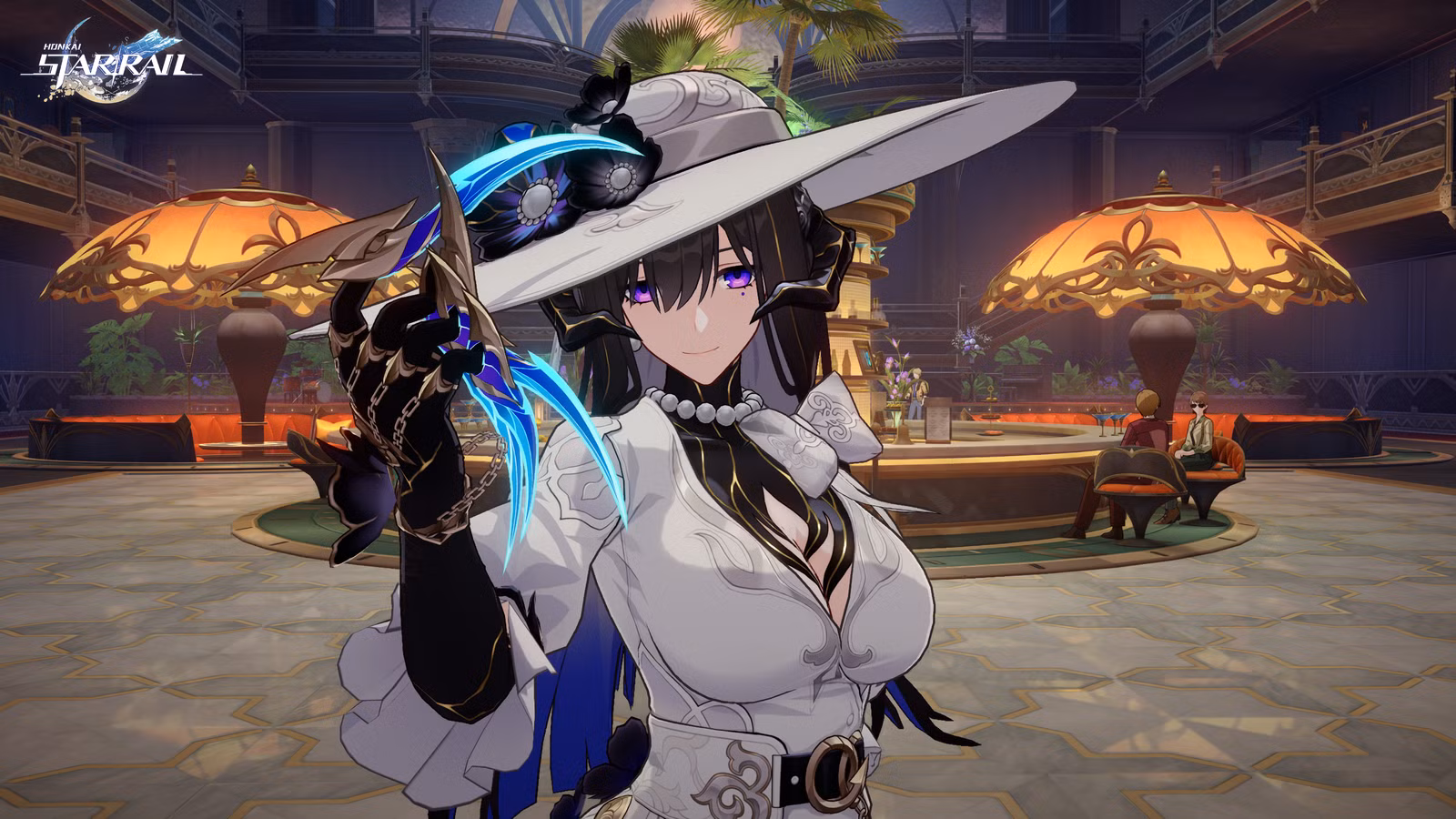 A Dália, uma mulher com chifres, um enorme cabelo branco e garras azuis, em Honkai: Star Rail