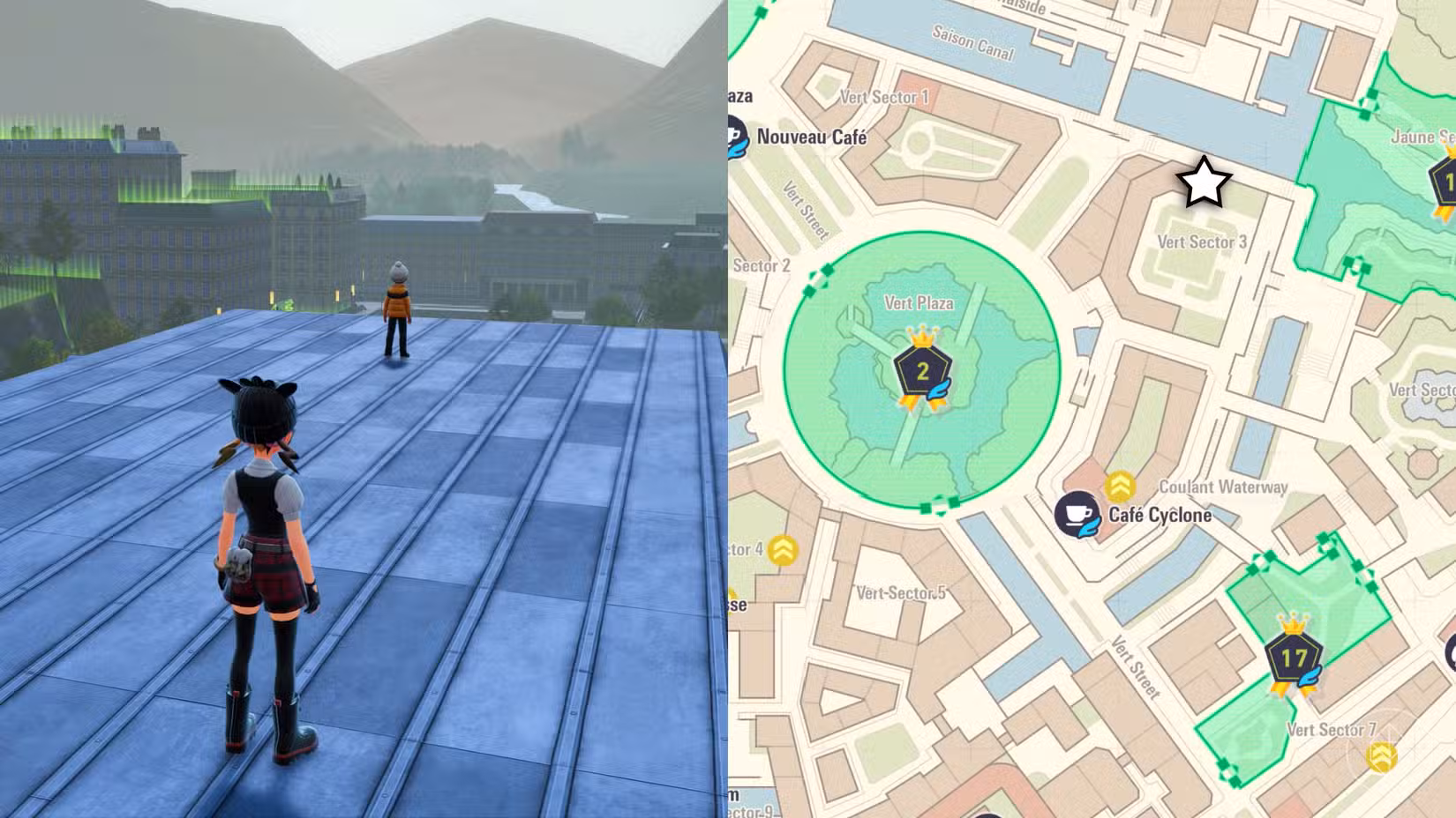 Um menino está no topo de um telhado aleatório em Pokémon Legends: ZA