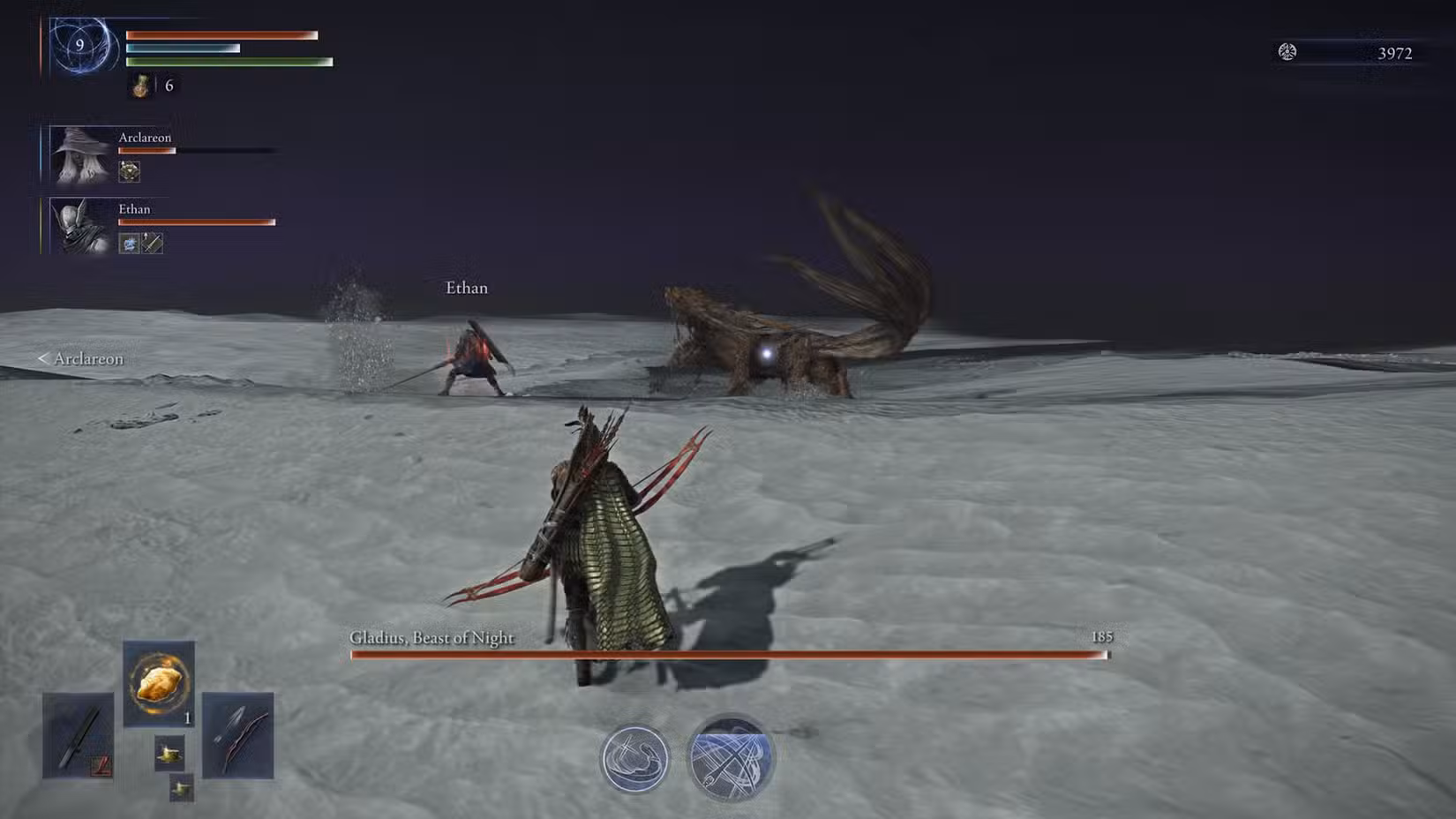 Uma captura de tela de Elden Ring Nightreign mostrando a luta contra Gladius