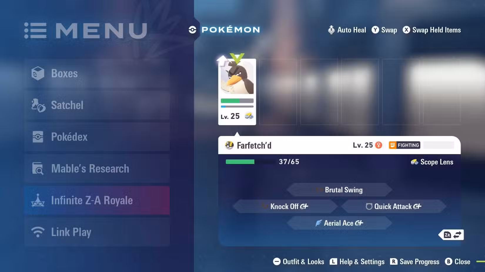 Um Galarian Farfetch'd pronto para evoluir em Pokémon Legends ZA