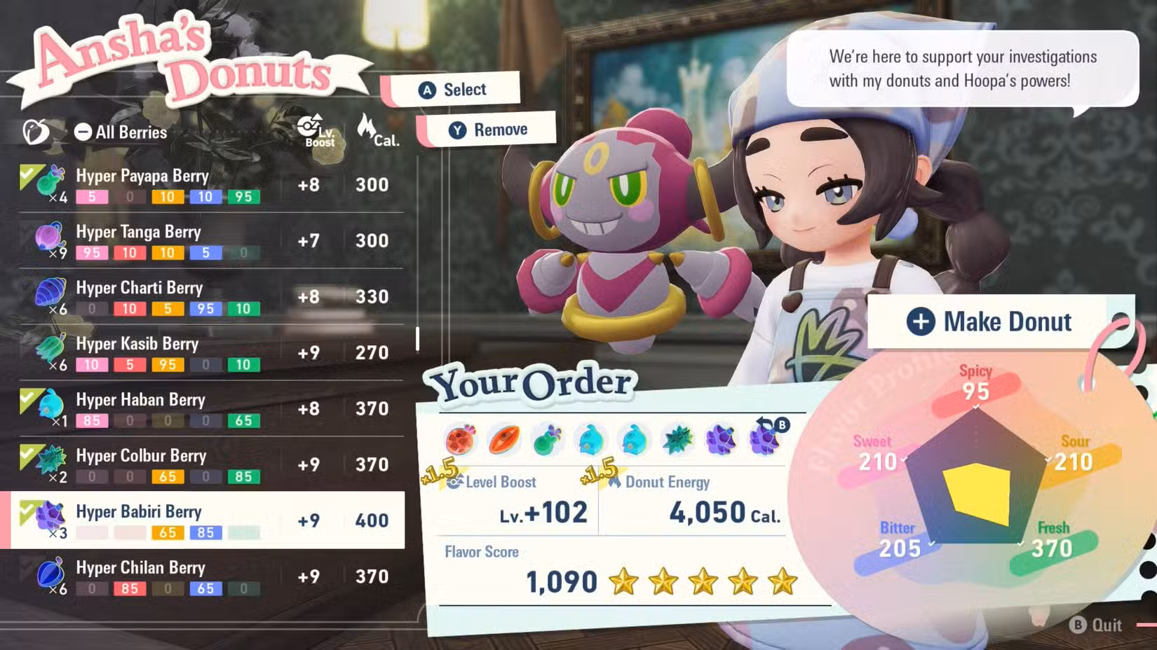 Tela de donut de Ansha, mostrando a preparação para fazer um donut Alpha em Pokémon Legends: ZA