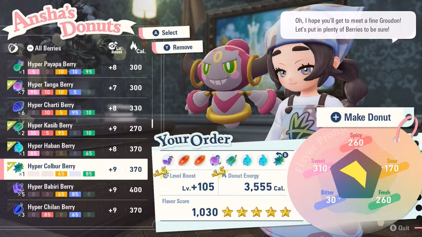 A configuração para fazer um Donut Omega Old-Fashioned em Pokémon Legends: ZA