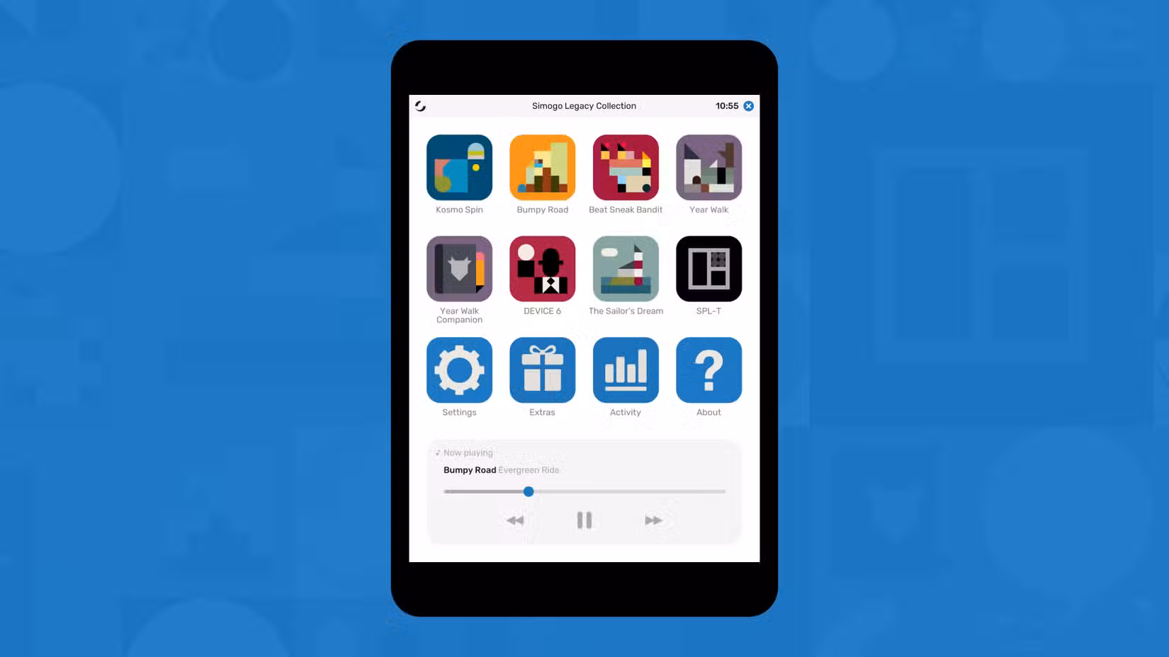 Um tablet virtual mostrando ícones de todos os jogos do Simogo