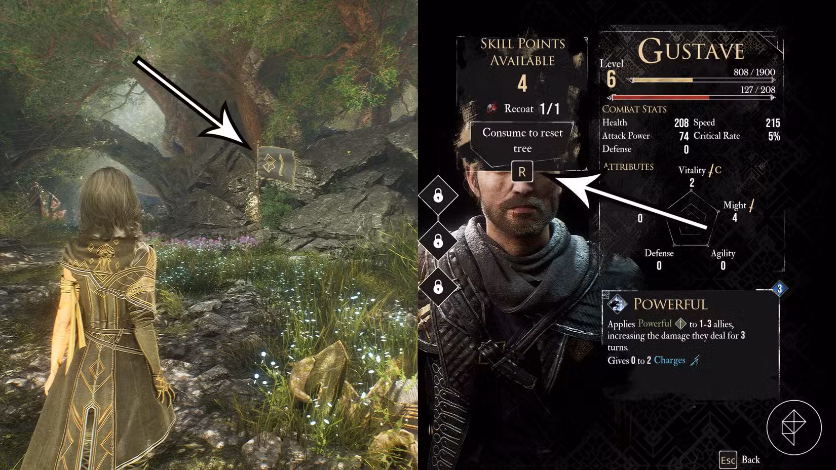 As setas apontam para uma bandeira de expedição e o botão de especificação em Clair Obscur: Expedition 33.