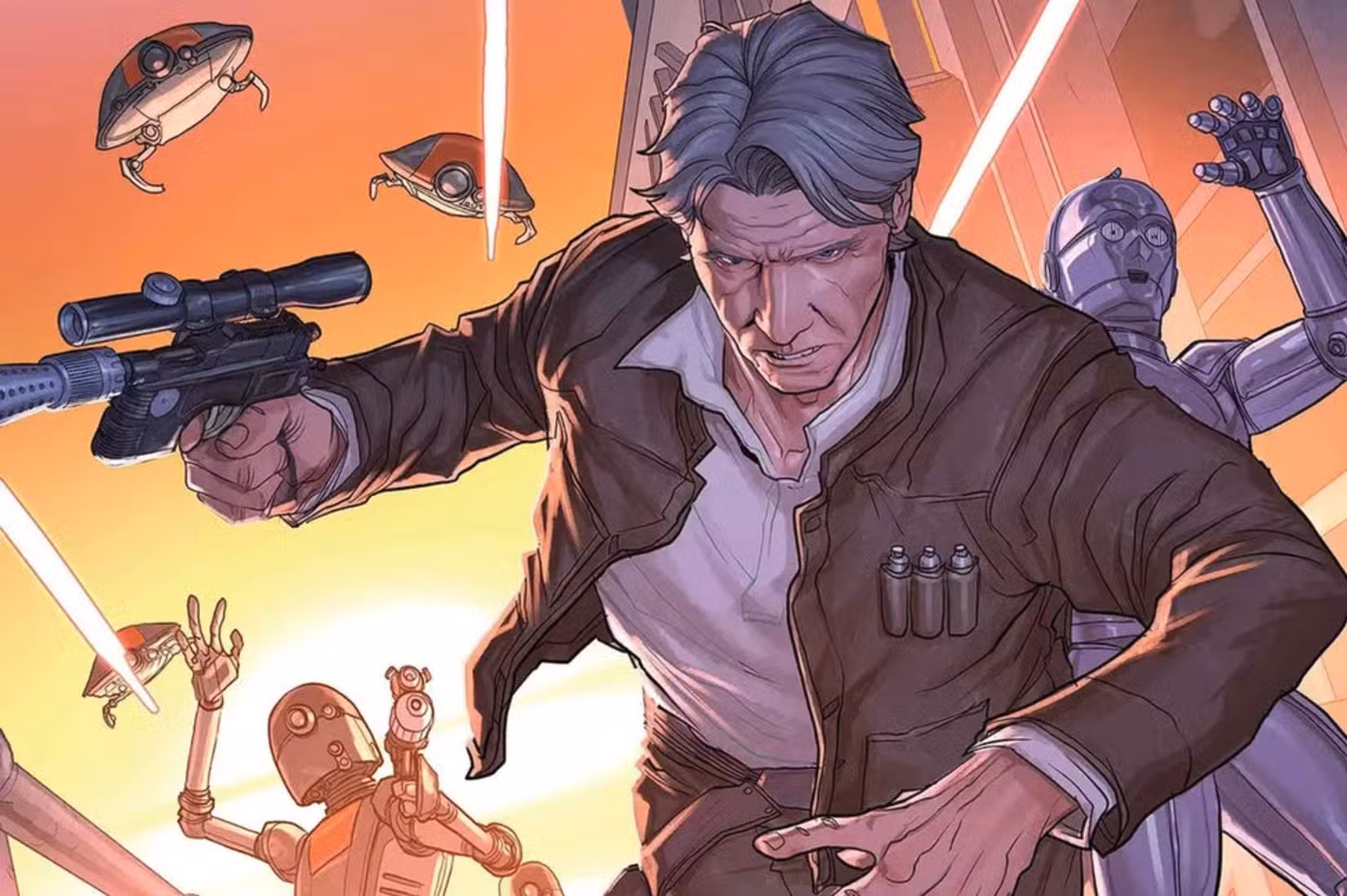Uma imagem do quadrinho Han Solo da Marvel - Hunt for the Falcon. Apresenta um Han Solo mais velho, com cabelos grisalhos e jaqueta e camisa marrons. Ele está cercado por andróides e blasters.